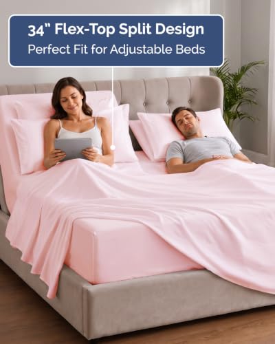 Image of Extra Deep Flex Top Split Head King Sheet Set - 6 Piece Breathable and Cooling Sheets - Hotel Luxury Bedding for Women, Men, Kids & Teens - Easy Secure Fit - Extra Deep Pockets - Lavender Pink