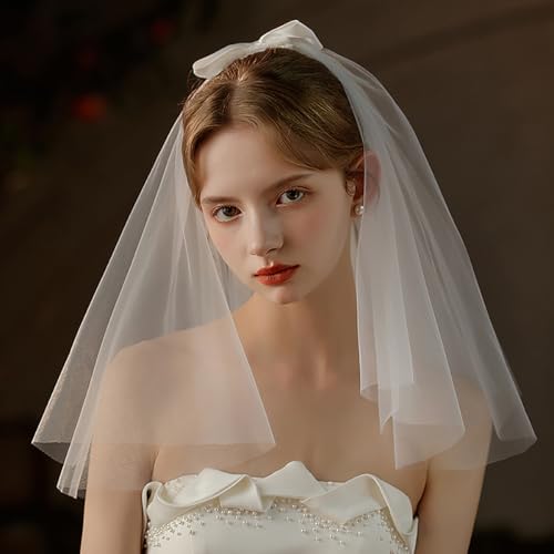 Wedding Veil for Brides, Short White 2 Tier Tulle with Bow Hair Comb, Wedding Travel Bachelorette Party for Women2