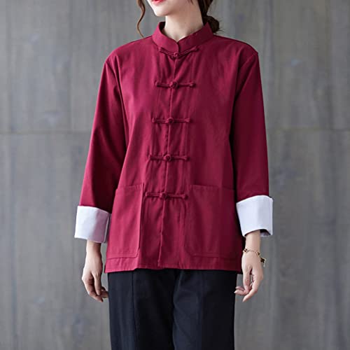 HHHH Women's Kung Fu Jacket Frog Button Mandarin Collar Loose Fit Blouse Chinese Tang Shirt Tai Chi Training Uniform (L, 60# Red)2