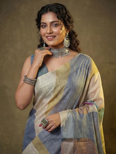 Image of AKHILAM Women's Floral Printed Handloom Cotton Silk Saree with Zari Border and Tassel Pallu Unstitched Blouse Piece | Traditional Ethnic Wear Sarees | Women saree silk | Festive Sari Women's