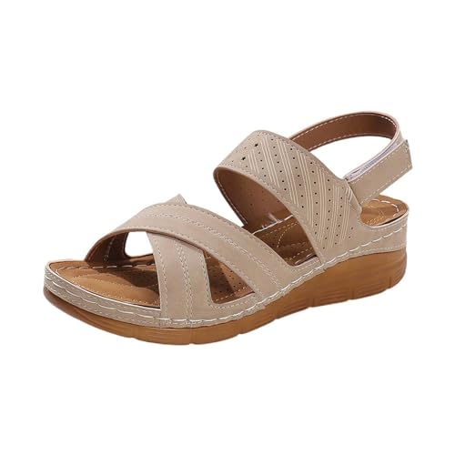 Genérico Sandalias Cuña Mujer Plataforma Zapato Comodas Sandalias de Mujer Informales con Hebilla de Cinturón Y Parte Inferior Inclinada,Zapatos,Verano para (Khaki,43)