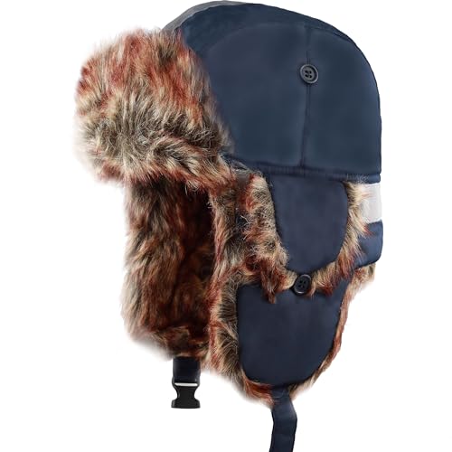 Image of Faux Fur Safety Reflective Aviator Trapper Hat Snow Ski Trooper Winter Cap