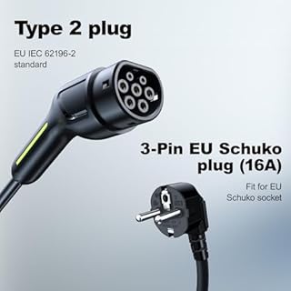 Chargeur Voiture Electrique,3.68KW/5M EV Chargeur Type 2, Cable Recharge Véhicule Electrique 16A avec EU Schuko Prise, Borne de Recharge Monophasé IP65, Compatible avec E-208, Model Y/3,ID.3, ID.4