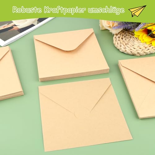 53 Stück Briefumschläge, Quadratische Umschläge Kraftpapier 16x16cm, Kraftpapier Mini, Vintage Umschläge mit Runde Aufkleber für Hochzeitseinladungen, Einladungen, Grußkarten,Persönliche Briefe