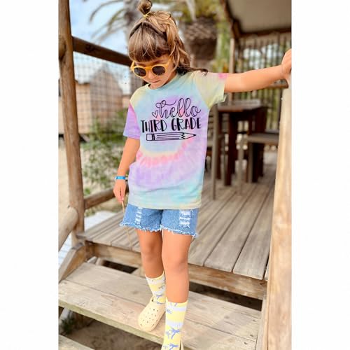 KEKEMI Kid Girls First Day of School Shirt Hello Kindergarten First/Second/Third Grade Tshirt Back to School Tees Tops 4-10Y4