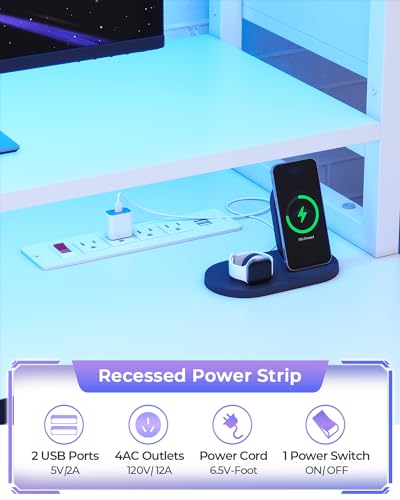 SEDETA Gaming Desk 74.8'' with LED Lights, Hutch and Storage Shelves, Computer Desk with Monitor Stand, Large PC Gamer Desk Workstation, Ergonomic Gaming Table for Bedroom, Living Room, White