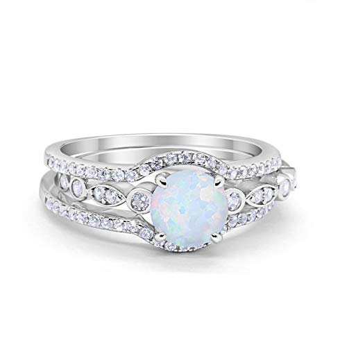 Blue Apple Co. Art Deco Trio Set Three Piece Bridal Set Ring Band Round Lab White Opal Cubic Zirconia 925 Sterling Silver Wedding Engagement Promise Ring Size-11
