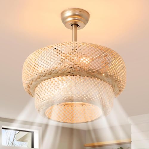 hualuosi Fandelier Ceiling Fan with Light - 18.9" Boho Rattan Caged Ceiling Fan, Remote Controlled Wicker Chandelier Fan Light Fixture for Bedroom, Kitchen, Living Room, Nursery, E26 Base