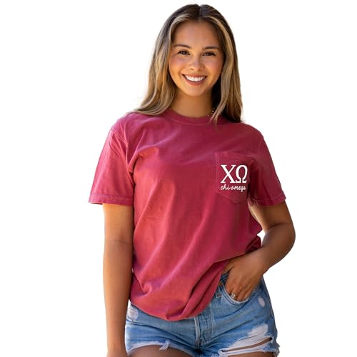 Go Greek Chic Chi Omega Letters Pocket Tee Sorority Comfort Colors T-Shirt