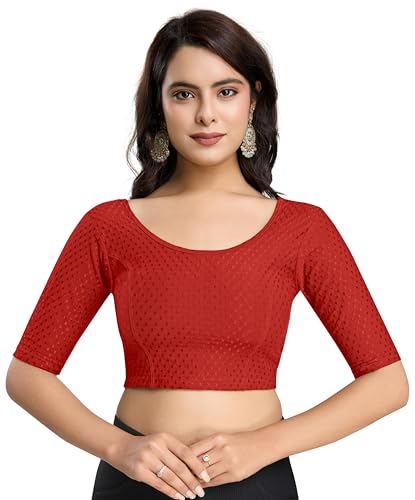 Image of TRENDMALLS Women's Dobby Pure Cotton Elastin Stretchable Readymade Round Neck Elbow Length Sleeves Blouse Choli Stylish Saree Blouse Ready to Wear