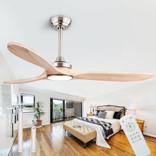 Image of QUTWOB 52 inch 3-Blade Wood Ceiling Fan with Light & Remote, Indoor Outdoor | solid raw wood blades, quiet dc inverter motor, 6-speed reversible remote, 3-color led light, for indoor outdoor patio garage