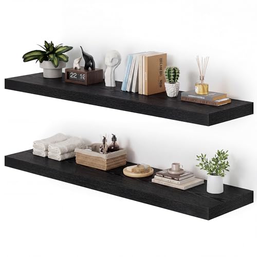 Heimlove 48W x 12D Long Floating Shelf, 12 Inch Deep Black Floating Shelves for Wall Set of 2, Wood Shelves for Bedroom Living Room Bathroom Kitchen Home Office, Wall Shelves with Heavy Duty Bracket