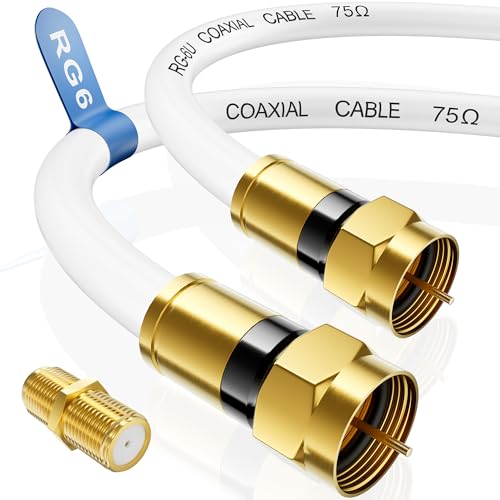 RG6 Coaxial Cable 3FT 6FT 10FT 15FT 25FT 50FT 100FT Coax Cable Cord with Gold F-Type Connector High Speed Internet Digital TV Aerial for HDTV Satellite Antenna Modem with Extender- 15ft White