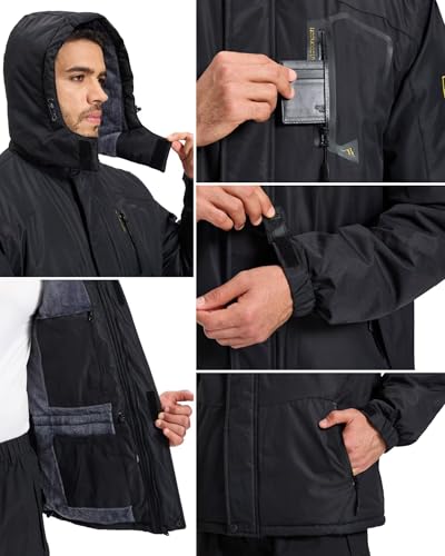 PrimeCrest Chaqueta Esqui Hombre Invierno Impermeable Polar Nieve Abrigo Softshell Ski Snowboard Termica Caza Cazadora Tactica Senderismo Militar Exteriores Trekking Parkas con Capucha Negro M - imagen 2