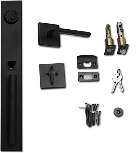 Image of Berlin Modisch Full Escutcheon HandleSet Front Door Entry Handle and Deadbolt Lock Set Slim Square Single Cylinder Deadbolt and Lever Heavy Duty - Iron Black Finish