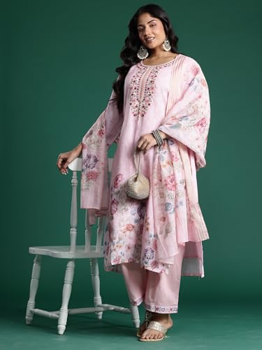 Image of INDO ERA Women's Linen Floral Embroidered Straight Calf Length Kurta with Pant & Dupatta Set (PS0KH10643)