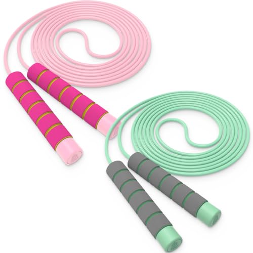 EJRUP 2 Pezzi Corda di Salto Regolabile con la Maniglia di Schiuma di Memoria,Corda per Saltare Bambino, con Impugnatura Antiscivolo, per Fitness per Ragazzi e Ragazze 3-12 Anni(Rosa + Verde)