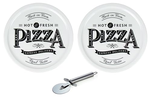 Lentz Piatto per pizza Ø 31 cm in porcellana con scritta retrò pizza – a scelta con tagliapizza (set da 2 con tagliapizza)