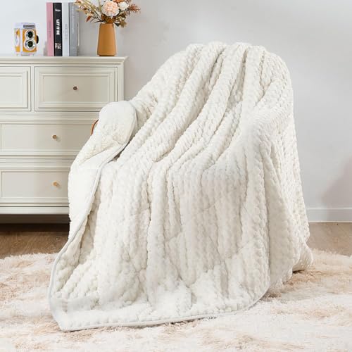 Image of Mr. Sandman Weighted Blankets for Adults Queen Size 25lbs, Warm Sherpa Fleece Throw Blanket for Sleep and Calm, Soft Cozy Heavy Bed Blanket with Jacquard Flannel, 80 x 87 Inches, Cream White