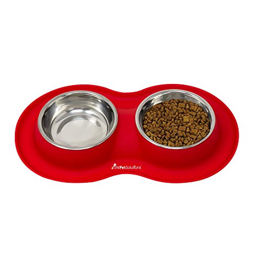 AllPetSolutions Doppelter Futternapf für Hunde und Katzen, aus Silikon, Größe L (40 x 23 cm), Rot Cover