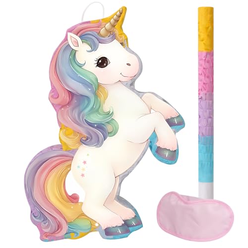 Piñata mágica de unicornio – Piñata pequeña de unicornio con venda y murciélago para niñas y niños, decoración de juegos de fiesta de cumpleaños con...