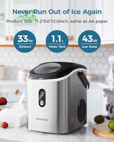 Ice Makers Countertop Nugget Ice Cubes, Portable Ice Maker, Self Cleaning Pebble Ice Machine, 33lbs/24h, Lower Noise, Small Sonic Ice Maker for Home, Kitchen, Office,Like-New