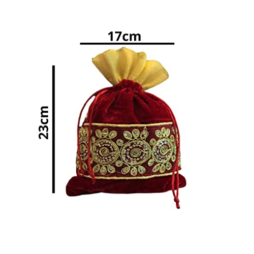 Image of Fabric 18Cm X 24Cm Large Velvet Drawstring Bags Pouches Potli For Gift Wedding Jewelry Packaging Bridal Party Favors For Women (5 Pc Set, Red Color)