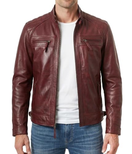 Decrum Burgundy Mens Leather Jackets - Retro Jacket for Adult