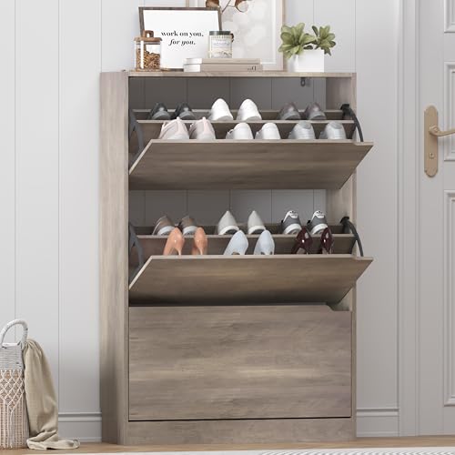 Image of HUANLEGO Grey Shoe Cabinet for Entryway with 3 Flip Drawers, 31.5 inch W | Hidden Shoe Rack for Entryway, Freestanding Shoe Storage for Hallway,, Living Room, Entrance Organizer Closet