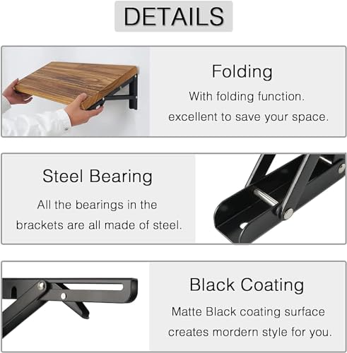 Image of Folding Shelf Bracket 20cm Heavy Duty Metal Wall-Mounted Collapsible Shelf Bracket Space-Saving - Black (20cm)