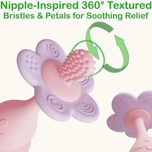 Image of Flower Teether Rattle, Silicone Baby Teething Toy 0-24M [Pink]