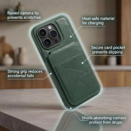 Image of amazon basics Premium Vegan Leather Back Cover with Card Holder and Integrated Mobile Stand for iPhone 16 Pro - Slim Shockproof Wallet Case with Geometric Stitching [Green]