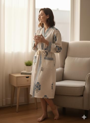 Image of Hand Block Print Waffle Cotton Bathrobe For Women's Ultra-Soft & Lightweight After Bath Spa Bathrobe White | Highly Absorbent Free Size Soft & Comfortable