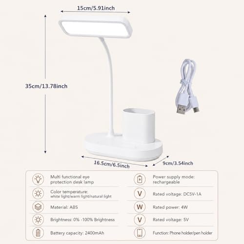 Image of FLYNGO Plastic 3 Color Mode Led Study Table Desk Lamp for Students with Pen & Phone Holder, Rechargeable Touch On /Off Studying