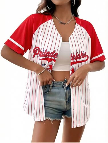 Baseball Jersey Women Game Day Shirt Baseball Player Graphic Tees Button up Short Sleeve Fan Tops Red