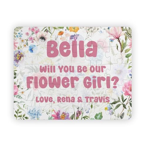 Hiding Place Boutique, Handmade Will You Be Our Flower Girl Floral Personalized Jigsaw Puzzle Junior Bridesmaid Custom Game Wedding Kid Child Gift Proposal Spring Pink Lily Rose Bouquet Daffodil Favor