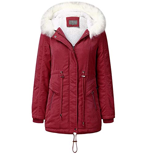 Women's Zip Up Military Anorak Jacket with Faux Fur Hood Drawstring Regular Warm Big Coats(Red, XXXL)