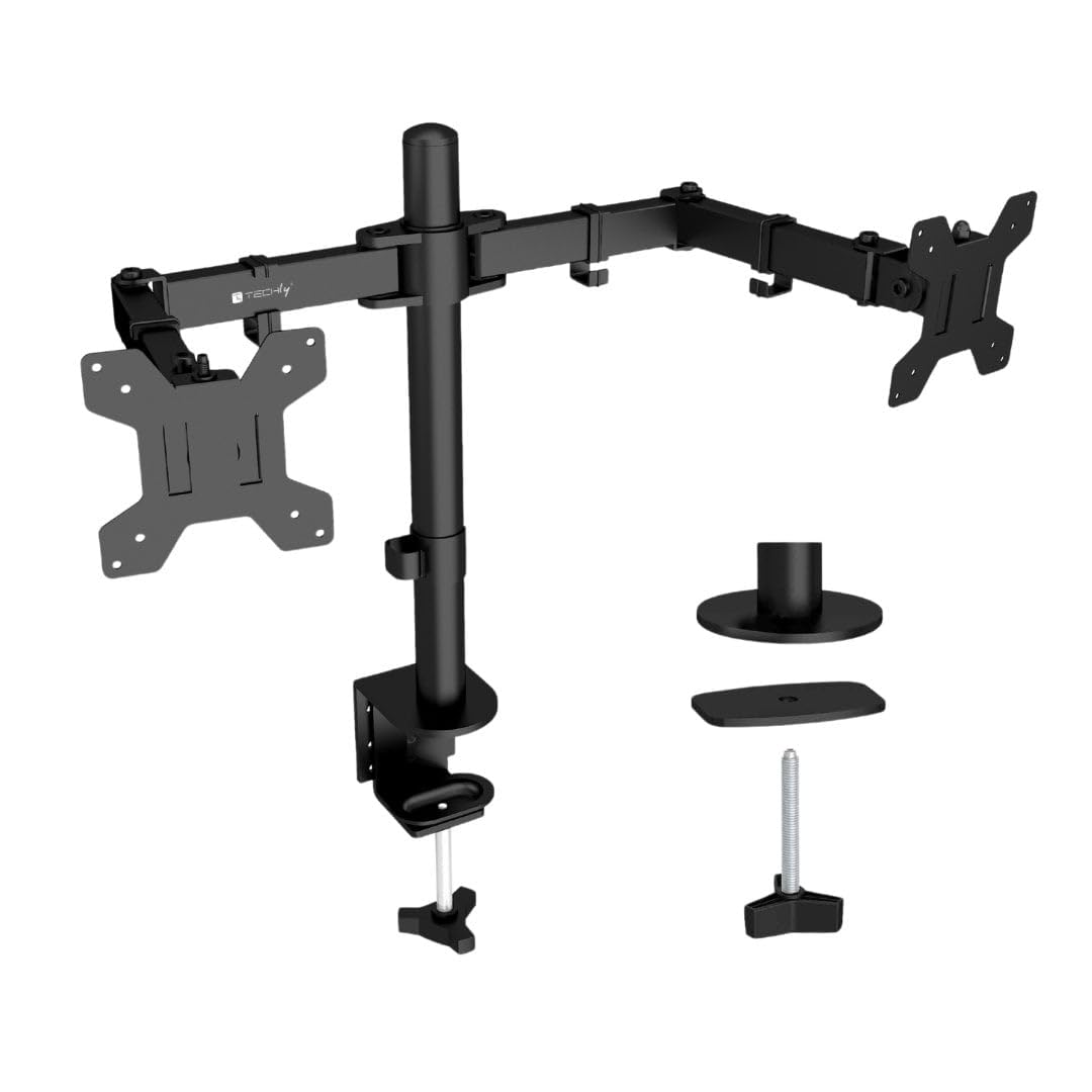 Techly 624421 Supporto da Scrivania per 2 Monitor 13-27" a Morsetto o Vite Passante Nero