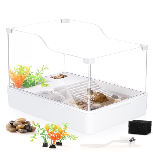 BUCATSTATE Turtle Tank Aquarium with Accessories, Acrylic Tank with Basking Platform, Filter Layer Design, Full View Visually Terrapin Reptile Habitat, White