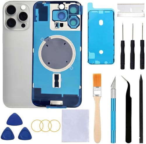 Back Glass Housing Replacement for iPhone 16 Pro Max Black with Camera Lens Adhesive and Repair Tools Kit