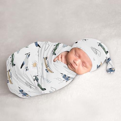Image of Sweet Jojo Designs Green Vintage Airplane Boy Baby Cocoon Swaddle and Beanie, Newborn Jersey Set, Infant Wearable Blanket, Going Home Outfit Set - Airplanes, Transportation, Clouds, Sun, Sky, Aviator