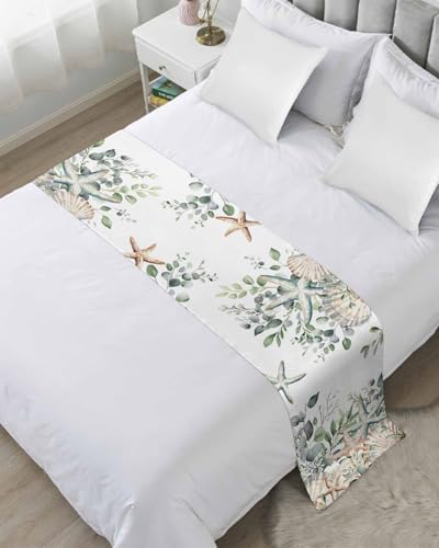 Sage Green Eucalyptus Bed Runner for King Size, Summer Starfish Coastal Bedspread Protector Slipcover Bed Scarf for Foot Runners & Scarves for Bedroom Hotel Wedding Room 102x20 Inches