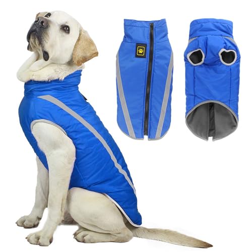 Voarge Wasserdichter Hundemantel Winter Warme Jacke, Reflektierende Verstellbare Outfit Winter Jacke für kleine mittelgroße Hunde mit Geschirrloch (Blau, 3XL)
