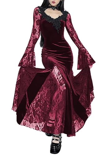 XKBHYD Women Gothic Fairy Maxi Dress Vintage Long Sleeve Velvet Dresses Alt Slim Fit Long Dress Harajuku Witchy Dress Red