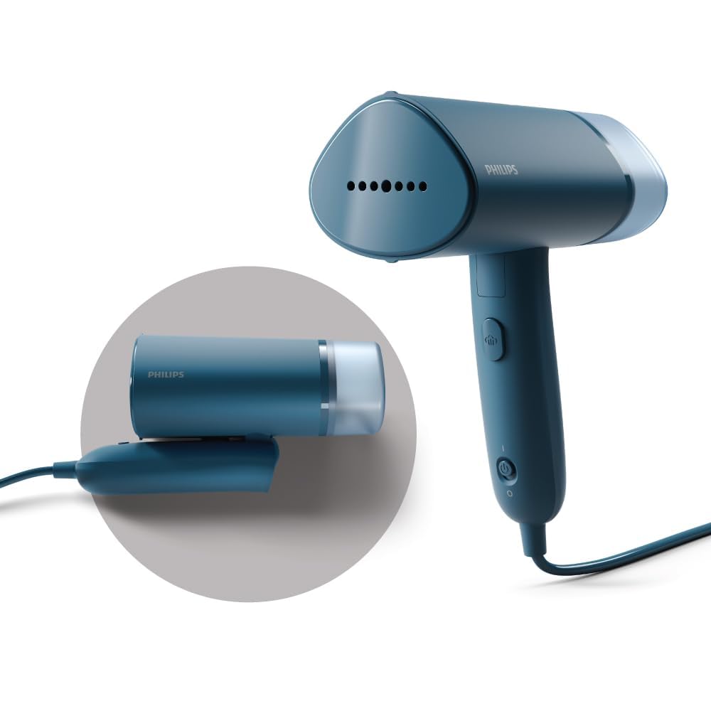 PHILIPS STH3000/20 Garment Steamer Perfect Rakhi Gift - Compact & Foldable, Convenient Vertical Steaming, 1000 Watt Quick Heat Up, up to 20g/min, Kills 99.9%* Bacteria (Reno Blue)