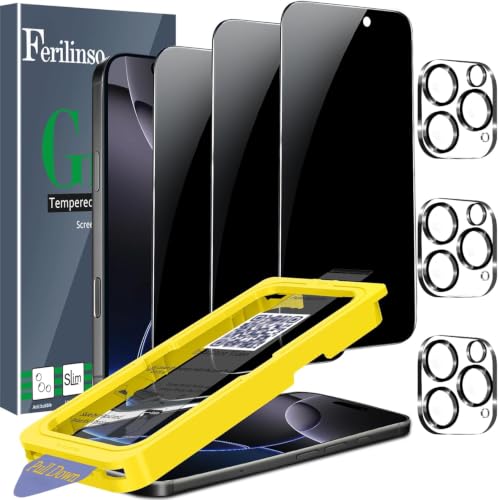 Image of Ferilinso Privacy Screen Protector for iPhone 16 Pro Max, Tempered Glass | 3 Pack, 9H Hardness, Military-Grade Shatterproof, Case Friendly, Easy Installation Bubble Free, with Camera Lens Protectors