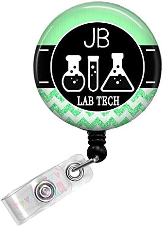 Personalized - Lab Tech with Beakers - Mint Green - Glitter Chevron - Button Badge Reel - BR0030