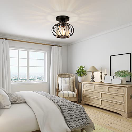 Frideko Home 2-Pack Semi Flush Mount Ceiling Light - Small Crystal Chandelier Hallway Light Fixtures Ceiling Black Metal Cage Ceiling Lights Modern Light Fixture For Entryway Bedroom Porch Kitchen #TOP3
