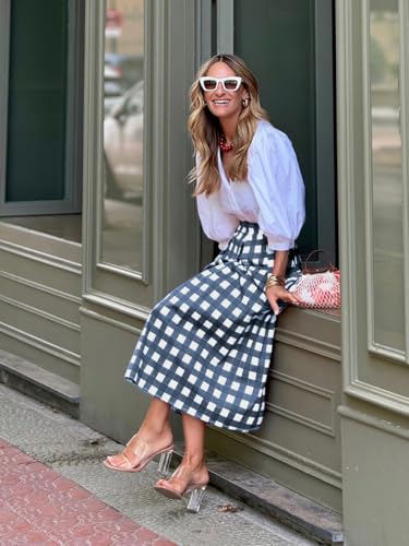 utcoco Women's Gingham Midi Skirt Retro Casual Office High Waisted A Line Pleated Checkered Skirt4