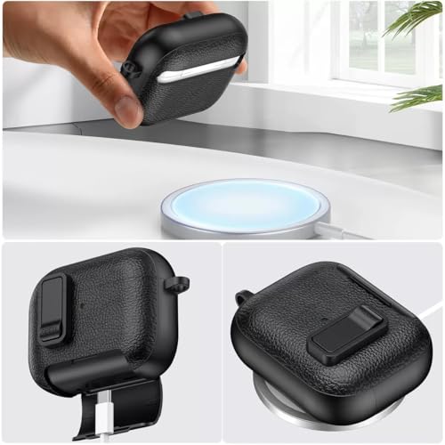 Image of Rugged Case Cover for Apple Airpods Pro 3 (2025), TPU + PC with Leather Texture, Clip Lock Design, Includes Phone Stand, Carabiner, Black (Orange, Leather with Stand)